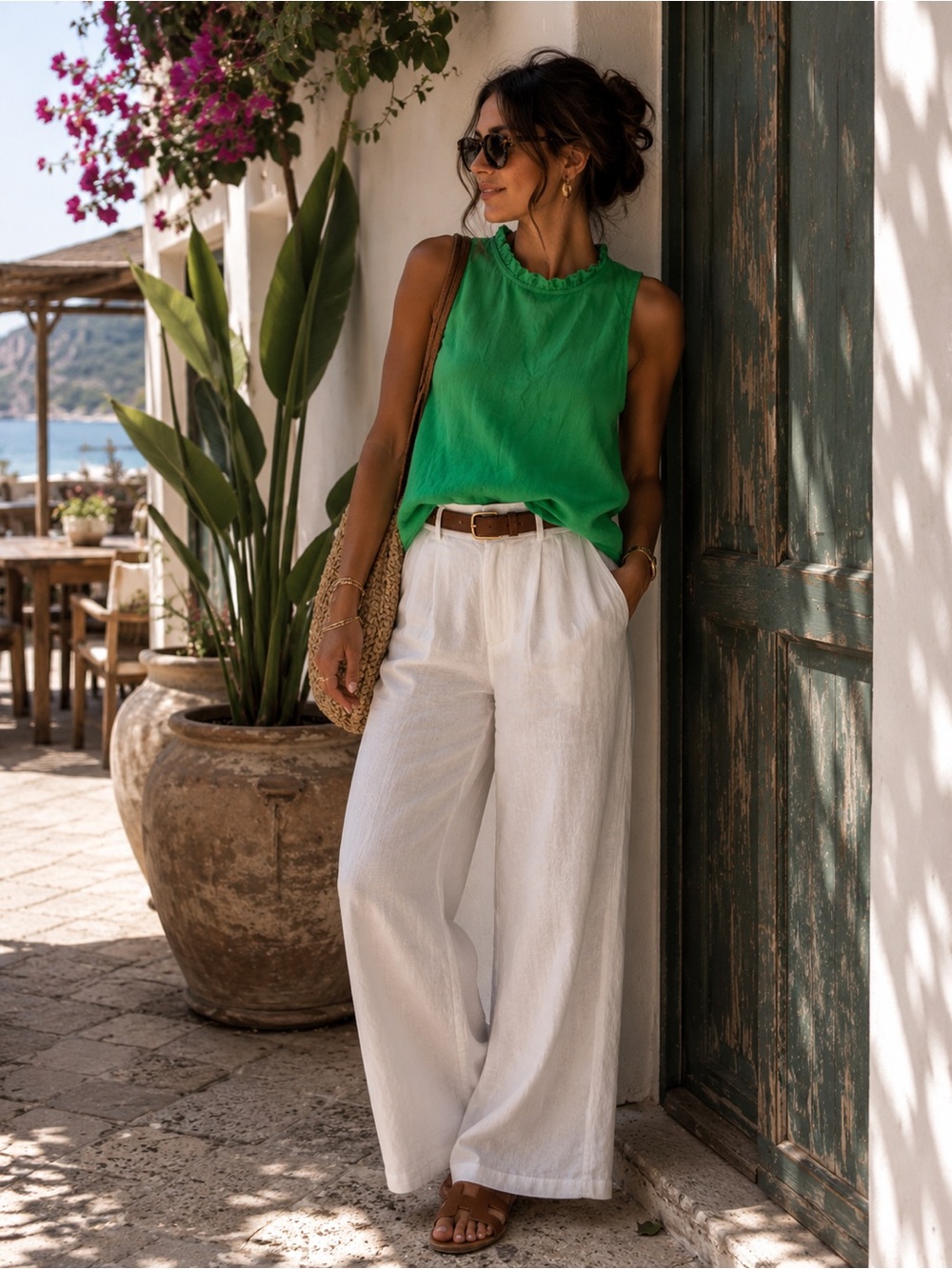 J. Crew Green Ruffle-Neck Sleeveless Tank